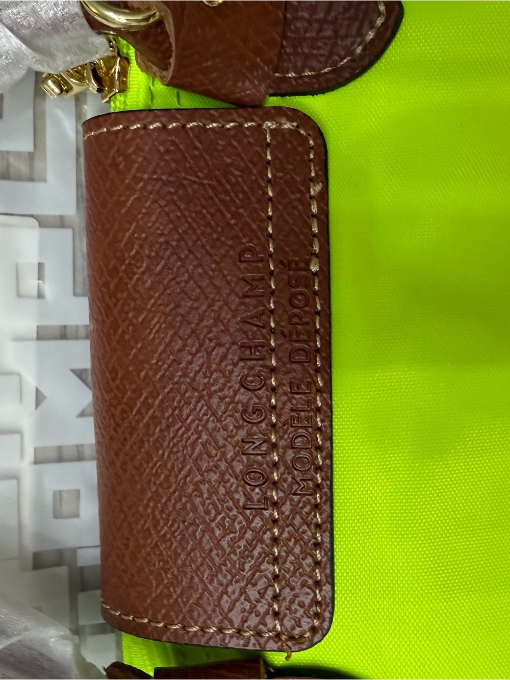 Longchamp Neon Yellow Small Tote with Brown Trim - Picture 3 of 7